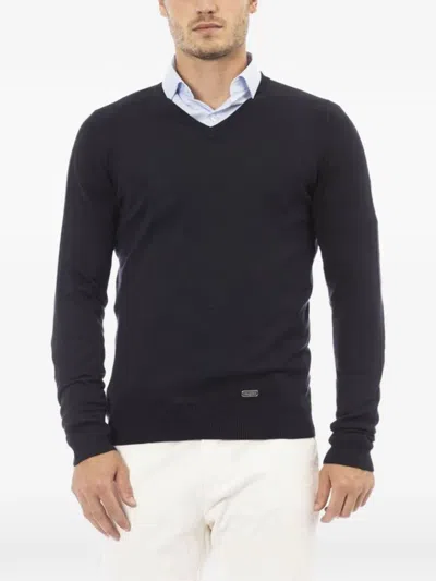 Baldinini V-neck Logo-plaque Sweater In Blue