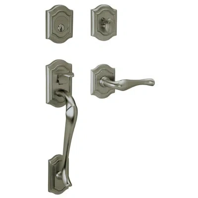 Baldwin Bethpage Handleset With Single Cylinder Deadbolt And Door And Rosette In Bright Brass