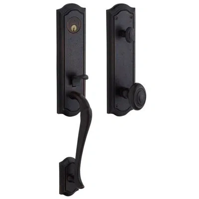 Baldwin Bethpage Handleset With Single Cylinder Deadbolt And Door Knob And Rosette In Distressed Oil Rubbed Bronze