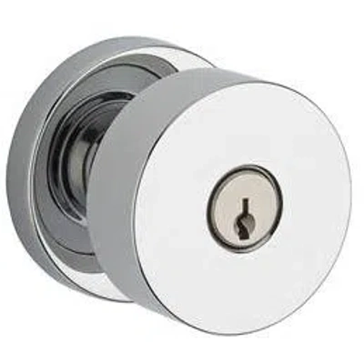 Baldwin Contemporary Keyed Door Knob With Contemporary Round Rose In Polished Chrome