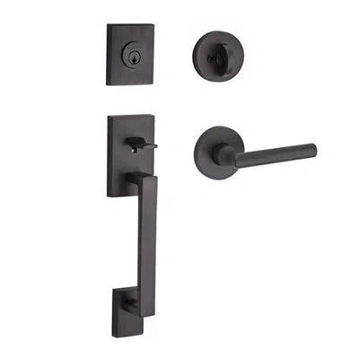 Baldwin La Jolla Handleset With Single Cylinder Deadbolt And Door Lever And Rosette In Venetian Bronze