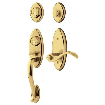 Baldwin Landon Handleset With Deadbolt And Door Lever And Rosette In Lifetime Brass