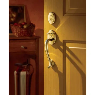 Baldwin Logan Handleset With Double Cylinder Deadbolt And Door Lever And Rosette In Lifetime (pvd) Polished Brass