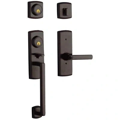Baldwin Soho Handleset With Double Cylinder Deadbolt And Door Lever And Rosette In Bronze