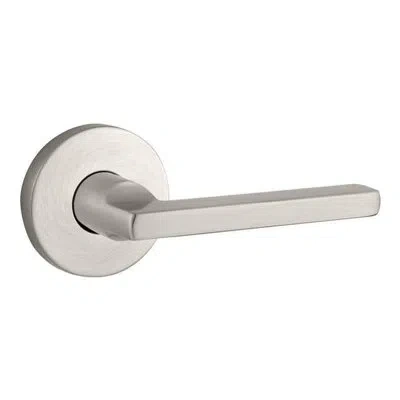 Baldwin Square Keyed Door Lever With Contemporary Round Rose In Satin Nickel