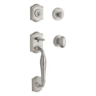 Baldwin Westcliff Handleset With Single Cylinder Deadbolt And Door Knob And Traditional Round Rosette In Satin Nickel