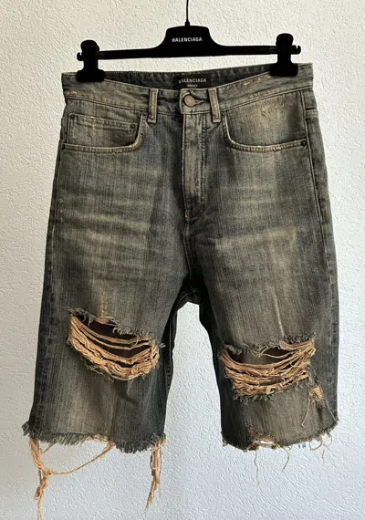 Pre-owned Balenciaga 1/1 Sample Distressed Mud Wash Denim Shorts Blue