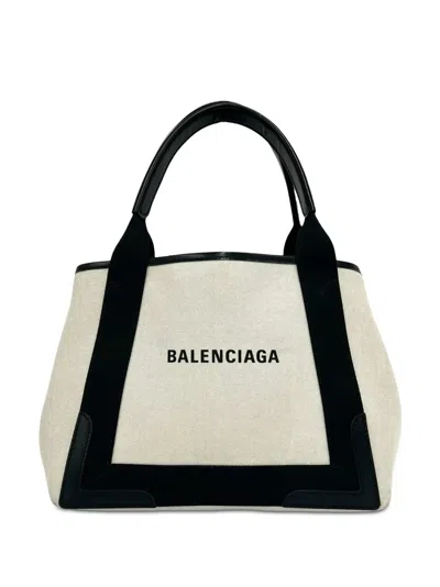 Pre-owned Balenciaga 2000-2026 Canvas Navy Cabas Xs Satchel In Brown