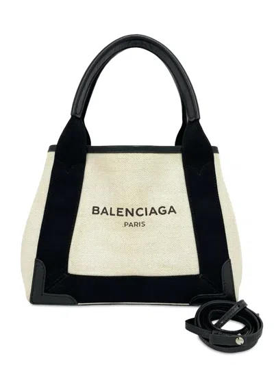 Pre-owned Balenciaga 2000-2026 Canvas Navy Cabas Xs Satchel In Brown