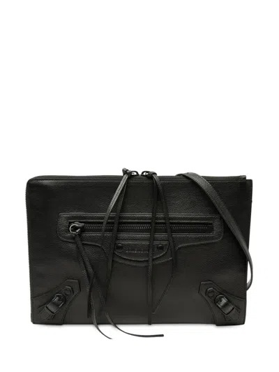 Pre-owned Balenciaga 2000-2026 Grained Calfskin Neo Classic Compact Clutch With Strap Crossbody Bag In Black
