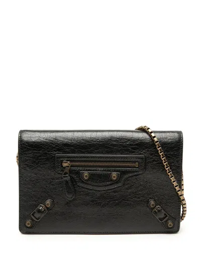 Pre-owned Balenciaga 2000-2026 Lambskin Motocross Giant 12 Wallet On Chain Crossbody Bag In Black
