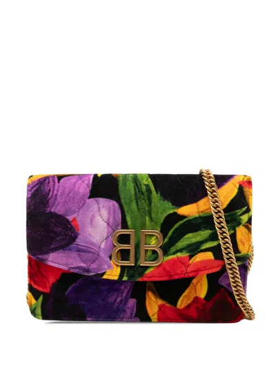 Pre-owned Balenciaga 2000-2026 Velvet Bb Floral Print Wallet On Chain Crossbody Bag In Black