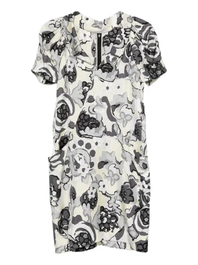 Pre-owned Balenciaga 2000s Floral-print Short-sleeve Dress In Gray