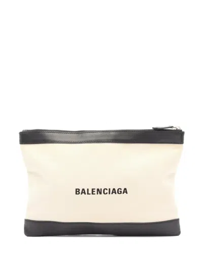 Pre-owned Balenciaga 2000s Medium Navy Clip Clutch Bag In Neutral