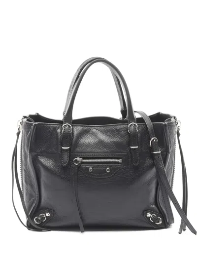 Pre-owned Balenciaga 2000s Mini Paper Zip-detail Leather Tote Bag In Black