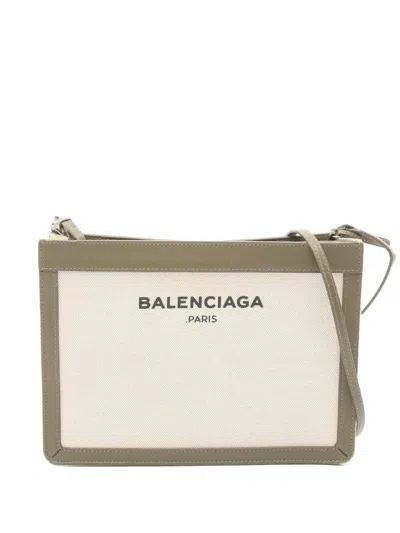 Pre-owned Balenciaga 2000s Navy Leather-trim Crossbody Bag In Neutral