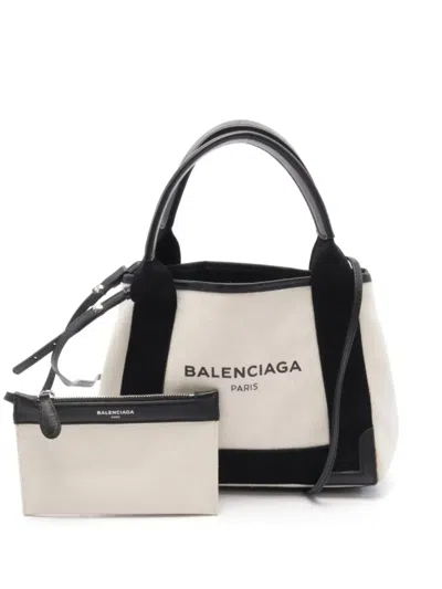 Pre-owned Balenciaga 2000s Navy Xs Cabas Tote Bag In White