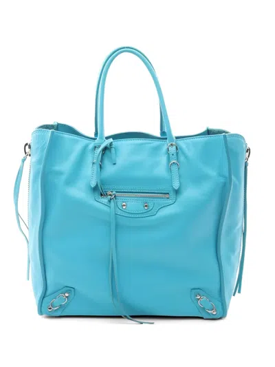 Pre-owned Balenciaga 2000s Paper A5 Leather Tote Bag In Blue