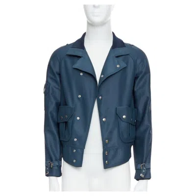 Pre-owned Balenciaga 2003 Blue Silver Snap Buttons Cropped Moto Biker Jacket Fr46 S