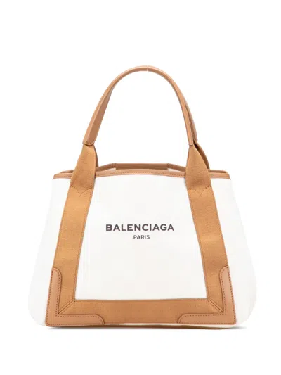 Pre-owned Balenciaga 2005-2025 Canvas Navy Cabas S Tote Bag In White