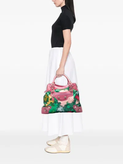 Pre-owned Balenciaga 2005-2025 Lambskin And Satin Floral Print Motocross Giant 21 Brief Satchel In Pink