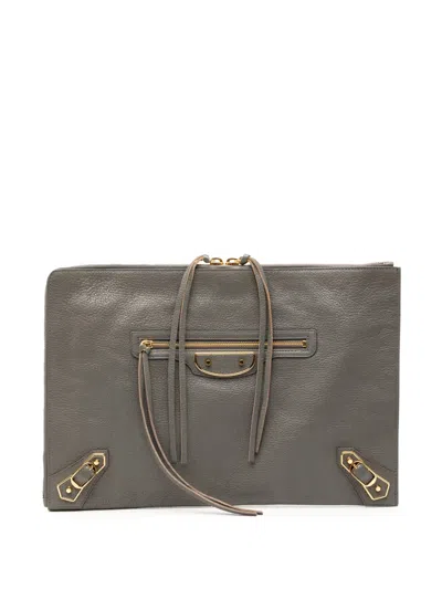 Pre-owned Balenciaga 2005-2025 Lambskin Motocross Metallic Edge Flat Clutch Bag In Gray