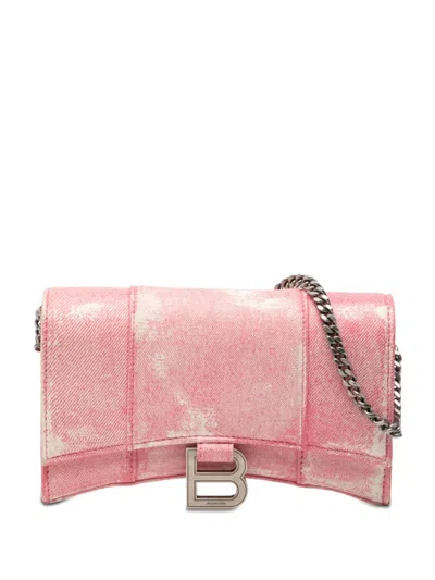 Pre-owned Balenciaga 2005-2025 Nappa Denim Printed Hourglass Wallet On Chain Crossbody Bag In Pink