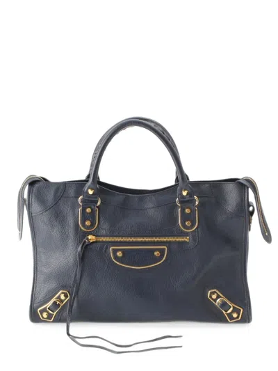 Pre-owned Balenciaga 2005-2026 Goatskin Motocross Classic Metallic Edge City Satchel In Blue