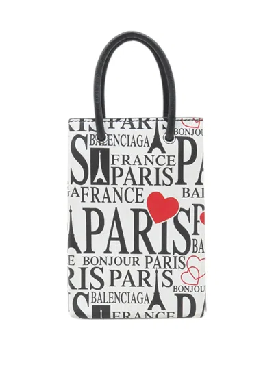 Pre-owned Balenciaga 2005-2026 Mini Calfskin Bonjour Paris Shopping Phone Holder Satchel In White