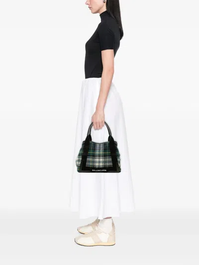 Pre-owned Balenciaga 2005-2026 Plaid Wool Navy Cabas S Tote Bag In Green