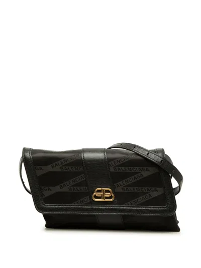 Pre-owned Balenciaga 2006 Nylon Bb Monogram Shift Wallet On Strap Crossbody Bag In Black