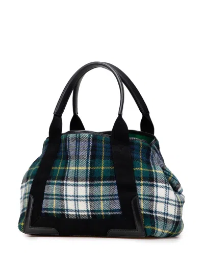 Pre-owned Balenciaga 2006 Plaid Wool Navy Cabas S Tote Bag In Green