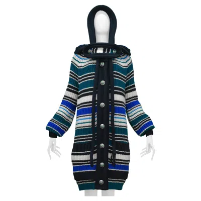Pre-owned Balenciaga 2007 Blue White & Green Striped Heavy Knit Hooded Sweater