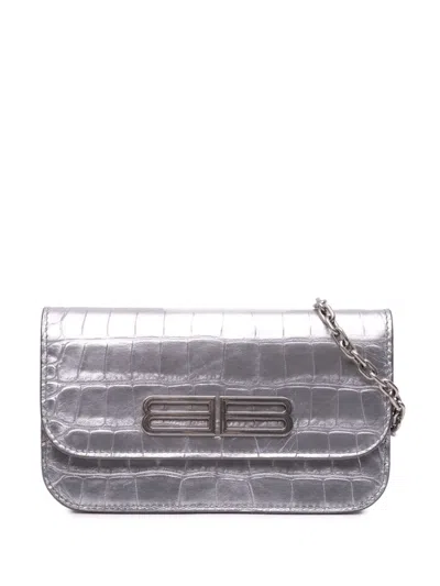 Pre-owned Balenciaga 2009 Croc Embossed Lambskin Gossip Wallet On Chain Crossbody Bag In Silver