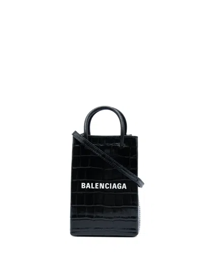 Pre-owned Balenciaga 2009 Mini Croc Embossed Leather Shopping Phone Holder Satchel In Black