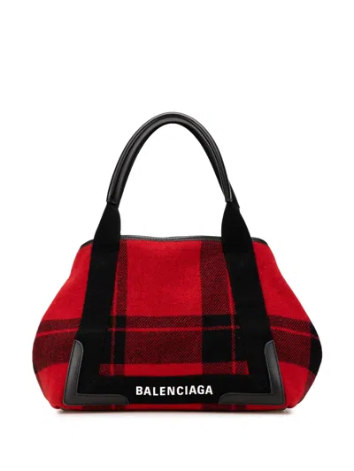 Pre-owned Balenciaga 2010-2024 Plaid Wool Navy Cabas S Tote Bag In Red