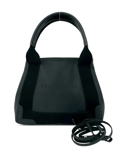Pre-owned Balenciaga 2010-2025 Calfskin Perforated Navy Cabas Tote Xs Satchel In Black