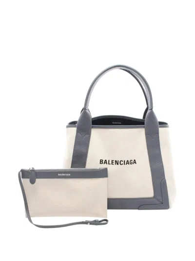 Pre-owned Balenciaga 2010-2025 Canvas Navy Cabas S Tote Bag In Brown
