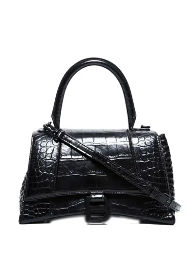 Pre-owned Balenciaga 2010-2025 Hourglass Crocodile-embossed Shoulder Bag In Black