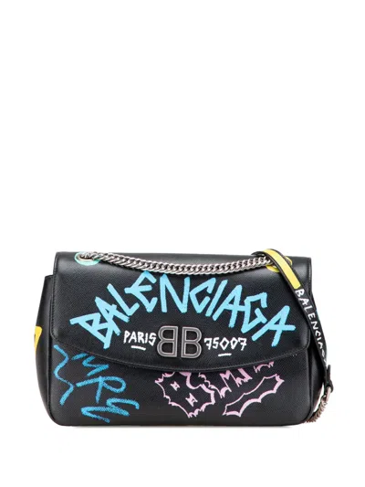 Pre-owned Balenciaga 2010-2025 M Grained Calfskin Graffiti Bb Round Crossbody Bag In Black