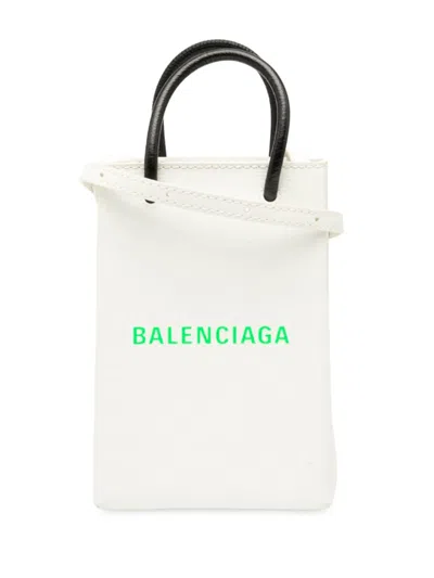 Pre-owned Balenciaga 2010-2025 Mini Calfskin Logo Shopping Phone Holder Satchel In White