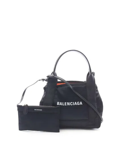 Pre-owned Balenciaga 2010-2025 Nylon Navy Cabas Tote Xs Satchel In Black