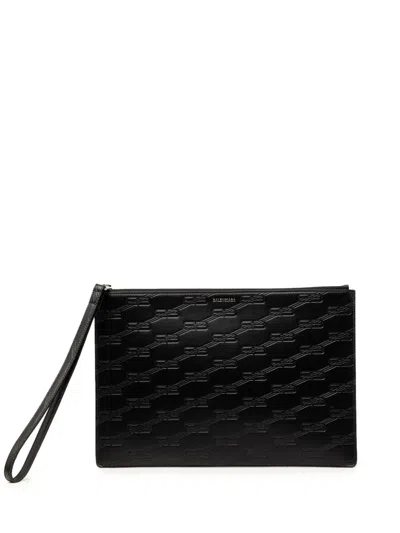 Pre-owned Balenciaga 2010 Bb Monogram Embossed Leather Wristlet Clutch Bag In Black