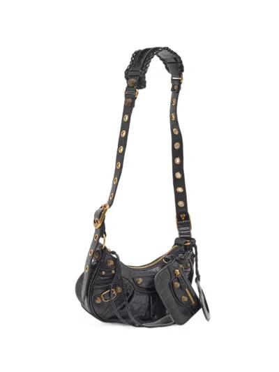Pre-owned Balenciaga 2010 Le Cagole Croc-embossed Shoulder Bag In Black