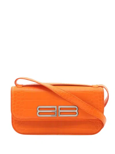 Pre-owned Balenciaga 2010-2025 Croc Embossed Calfskin Gossip Chain Bag Xs Crossbody Bag In Orange