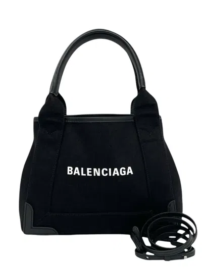 Pre-owned Balenciaga 2010-2026 Canvas Navy Cabas Xs Satchel In Black