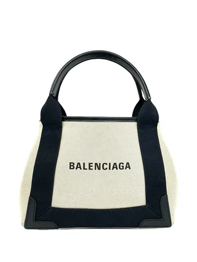 Pre-owned Balenciaga 2010-2026 Canvas Navy Cabas Xs Satchel In Brown