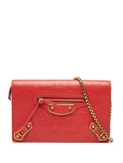 Pre-owned Balenciaga 2010-2026 Chevre Motocross Metallic Edge Wallet On Chain Crossbody Bag In Red