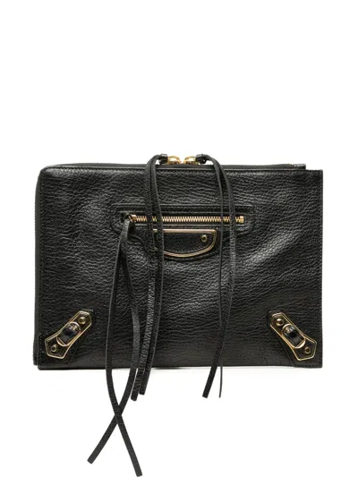 Pre-owned Balenciaga 2010-2026 Lambskin Motocross Metallic Edge Flat Clutch Bag In Black