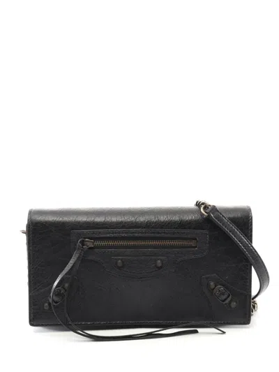 Pre-owned Balenciaga 2010-2026 Leather Metal Plate City Wallet On Chain Crossbody Bag In Black